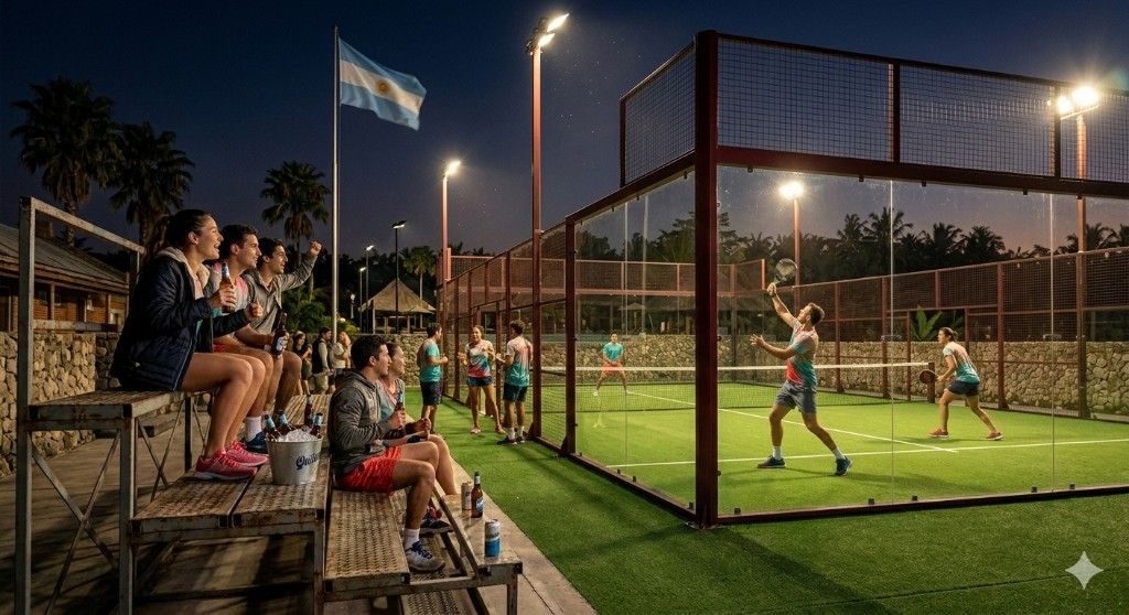 Cancha de pádel de noche en Argentina